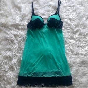 Victoria's Secret Aqua and Black Lace Push-Up Chemise Slip Y2K